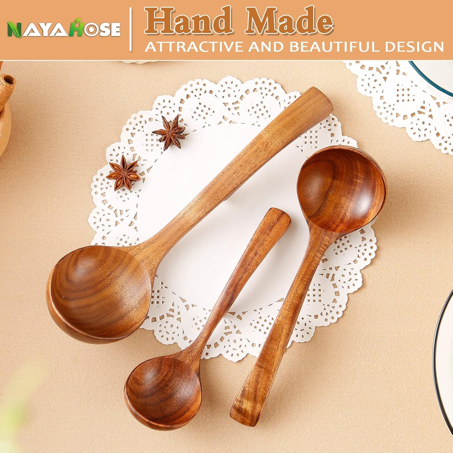 Skiennix Wooden Ladle - Natural Teak Cooking Spoon Set | Non-Stick, 3 Sizes for Soup & More