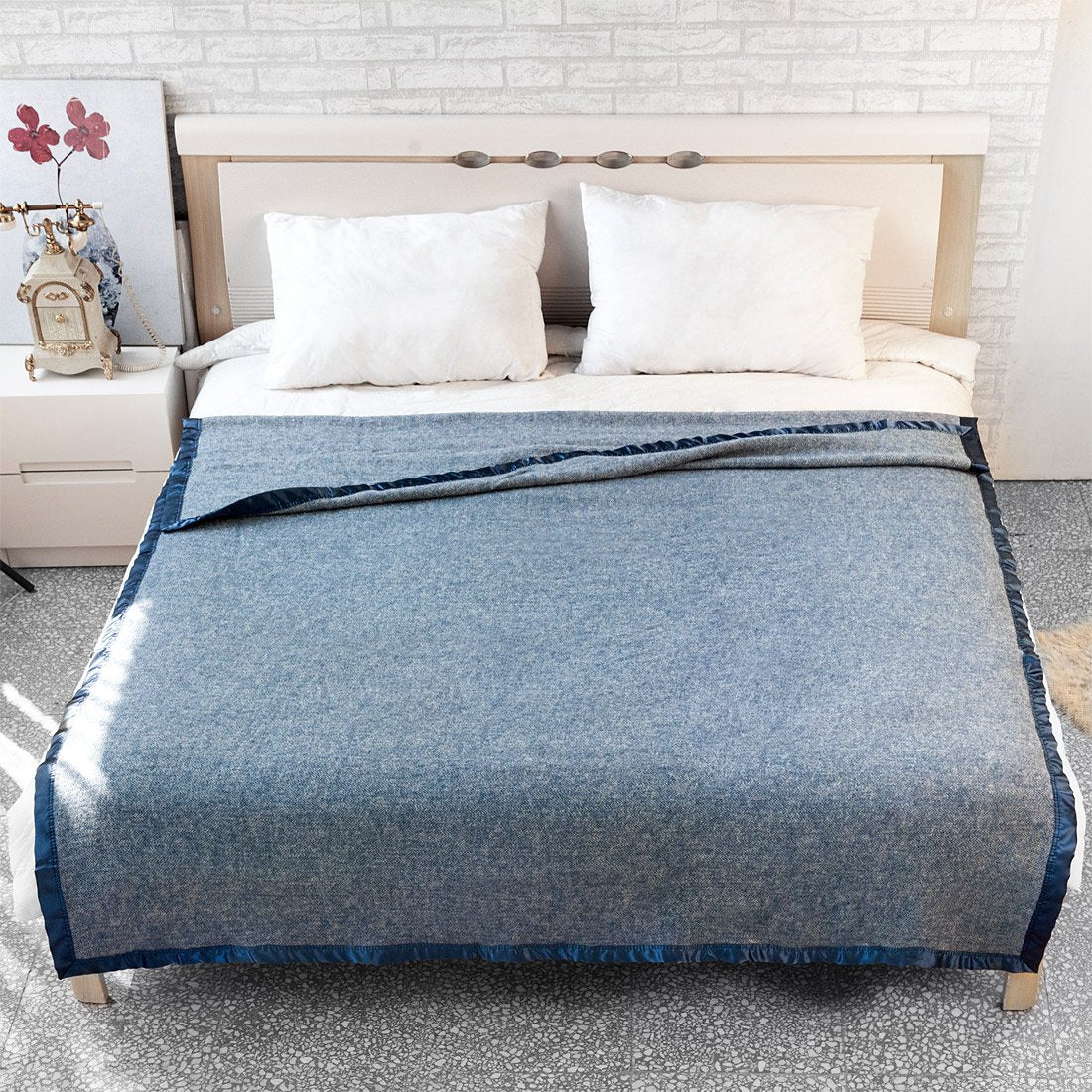 Spencer & Whitney Herringbone Wool Throw Blanket - Blue, Queen Size