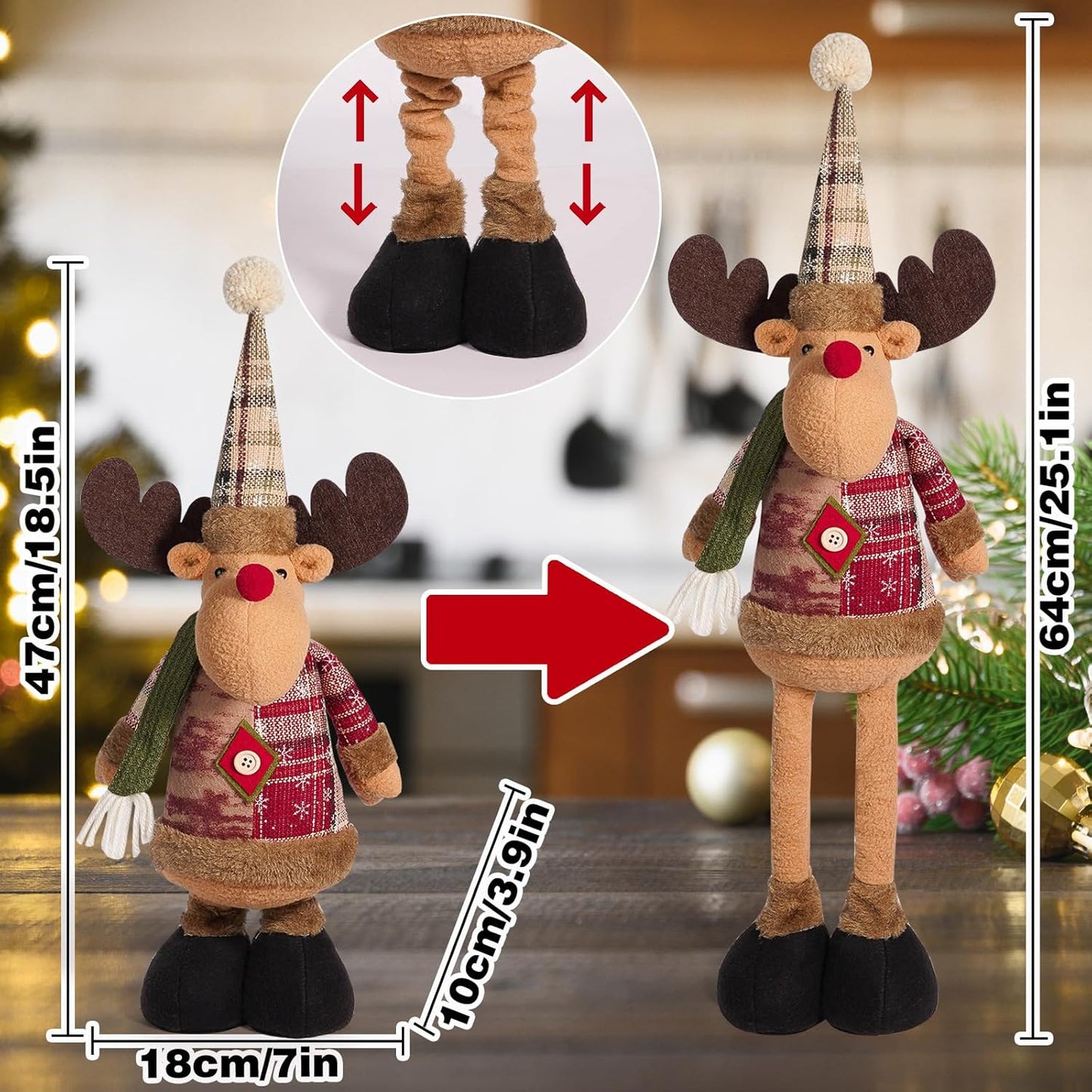 Reindeer Christmas Standing Doll - Telescopic Stuffed Figure for Indoor/Outdoor Decor | Extendable Legs