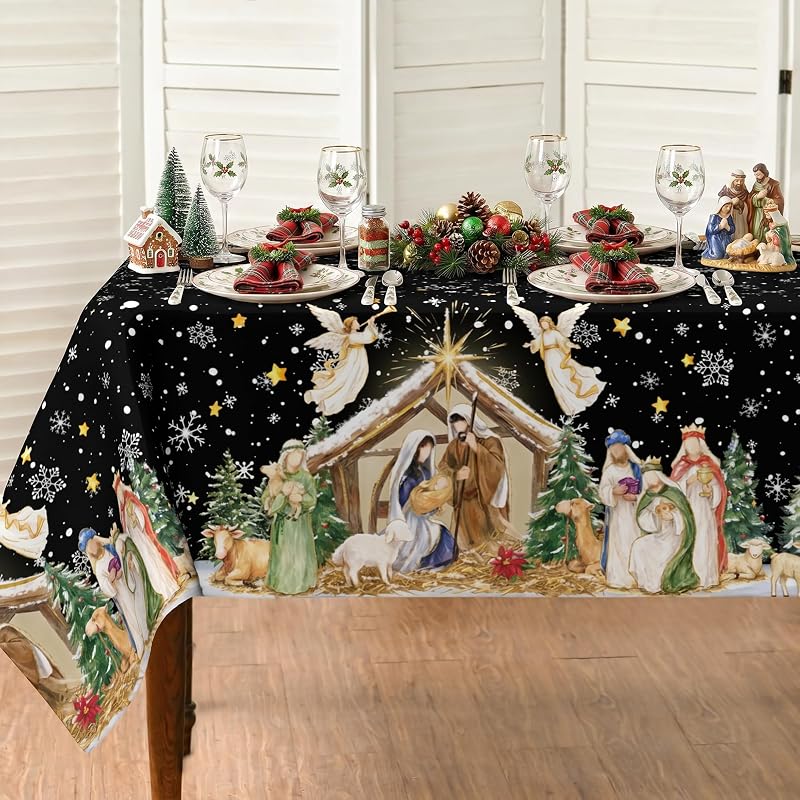 Christmas Nativity Tablecloth 60 x 120 Inch Rectangular - Black Snowflake Star Angel Manger Border