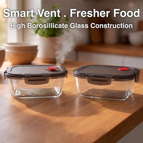 Borosilicate Glass Food Storage Containers - Airtight & Vented Lids | Set of 6 (3 Rectangular, 3 Square)