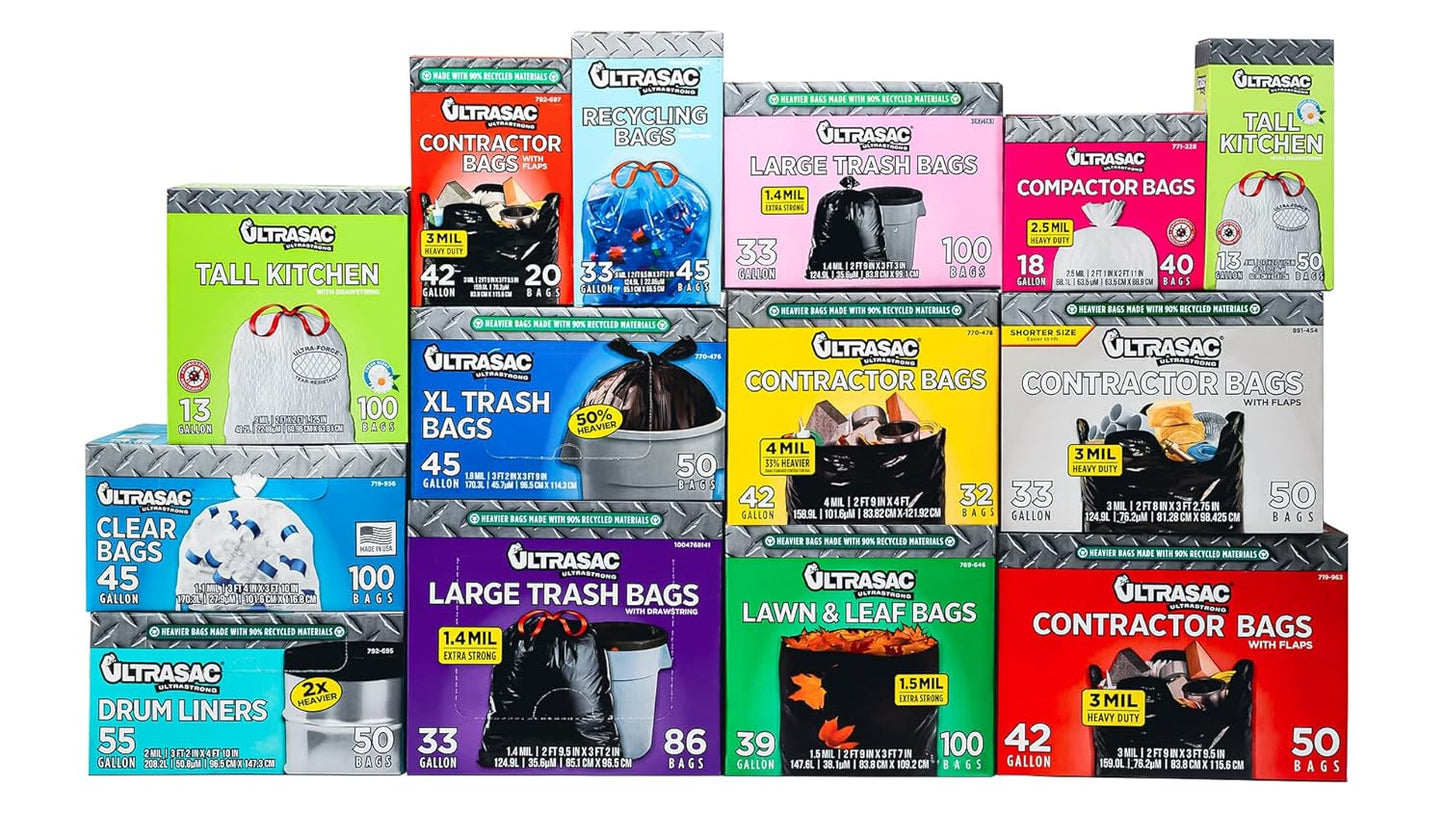 Ultrasac Heavy-Duty 33 Gallon Drawstring Trash Bags - 1.4 MIL | 33.5" x 38" | Pack of 86 for Home & Outdoor Use
