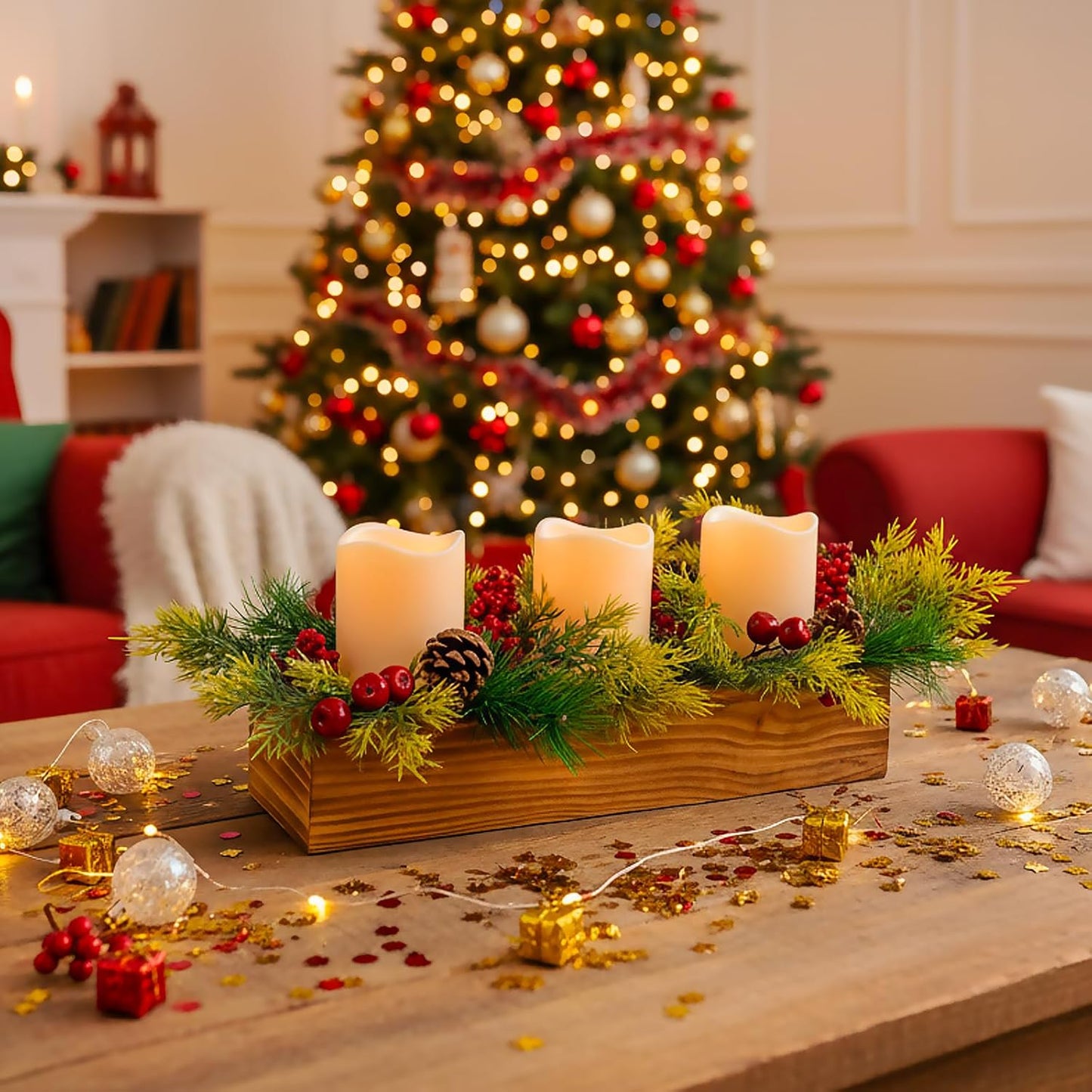 Skiennix Christmas Table Centerpiece - 3 Flameless LED Candles with Pine Cones & Red Berries | Rustic Wood Holders for Holiday Dining