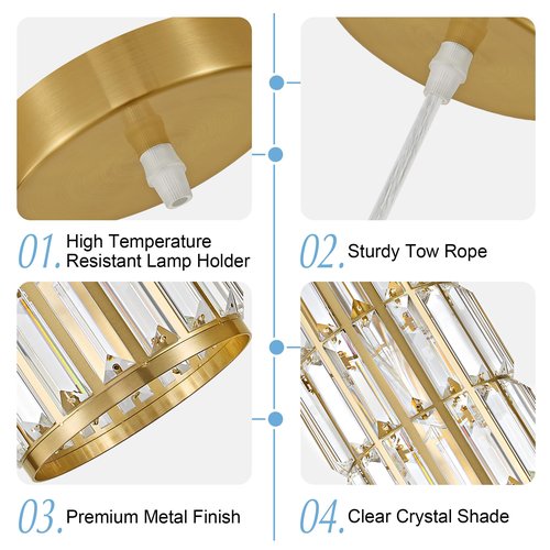 Biewalk Gold Pendant Light with Crystal Glass, Modern Round Pendant Lights Kitchen Island Adjustable Chandelier Pendant Lamp Fixtures for Bedroom, Foyer, Dining Room, Entryway