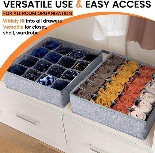 Criusia Sock Organizer - 3 Pack Fabric Drawer Dividers with 64 Cells for Socks, Underwear & Ties | Gray