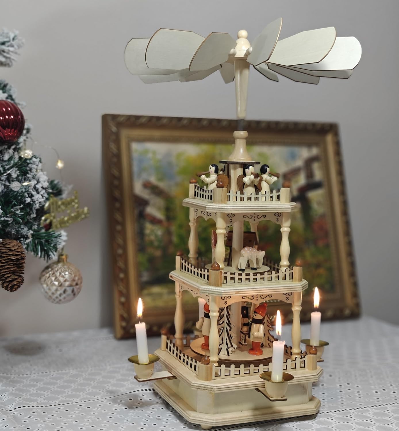 Rotating Christmas Pyramids - 18-Inch Wood Nativity Scene Carousel with 4 Candle Holders