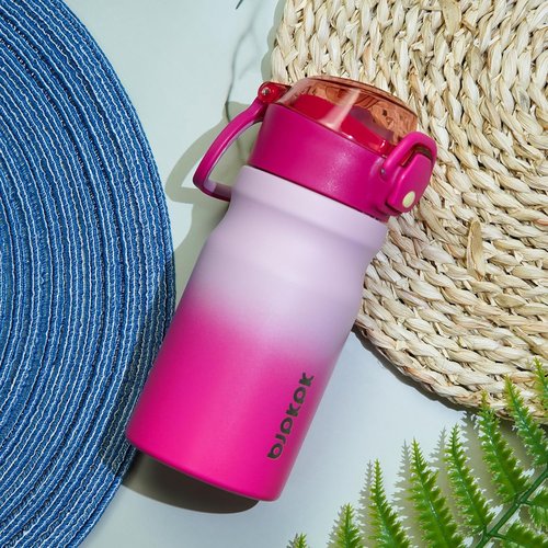 BJPKPK Insulated Water Bottle - 14oz Reusable Stainless Steel Flask with Straw & Leak-Proof Lid | Light Blue Leopard