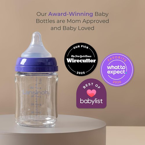 Lansinoh Anti-Colic Glass Baby Bottles - 5 Ounce, 4 Count Set with Extra Slow Flow Nipples