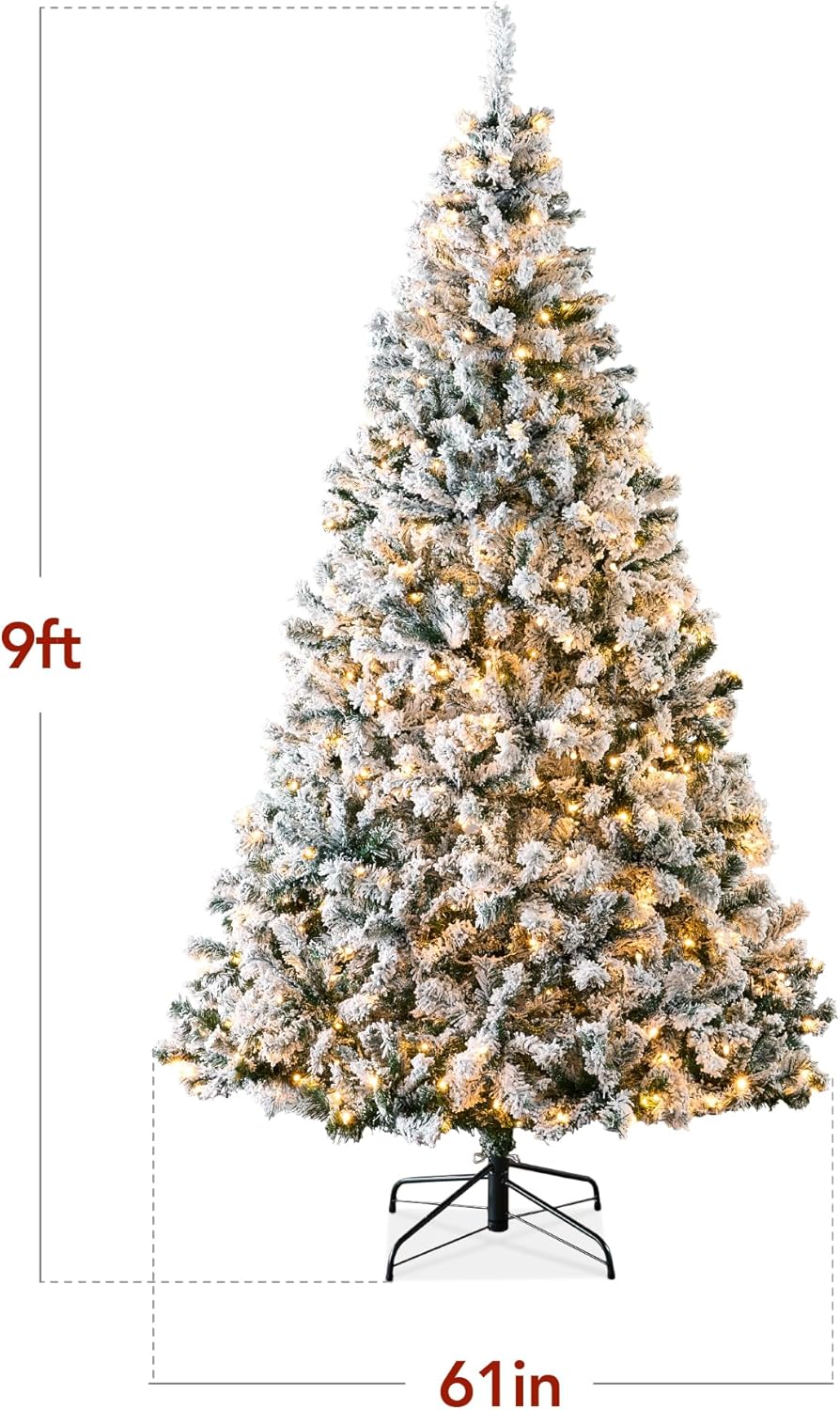 Best Choice Products 9ft Pre-Lit Snow Flocked Artificial Christmas Tree - Full Appearance with Easy Assembly & Metal Stand