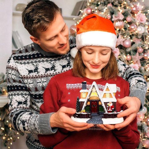 LED Lighted Village House - 6.9 Inch Triangular Christmas Decoration with Santa Claus Statue