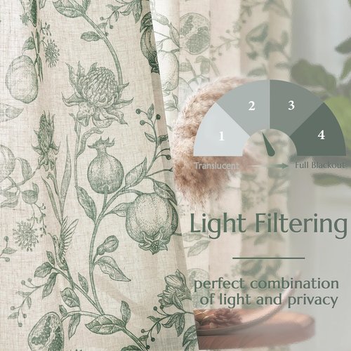 jinchan Linen Curtains Floral Curtain for Living Room 84 Inch Long Dark Green French Back Tab Light Filtering Toile Print Farmhouse Bedroom Curtains Window Drapes Set 2 Panels
