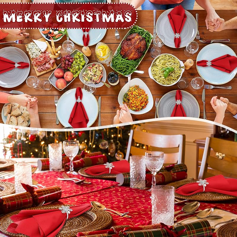 Snowflake & Tree Napkin Ring Set - 16 Pcs Red Cloth Napkins with 8 Metal Rhinestone Rings (Variation: Snowflake, Tree)