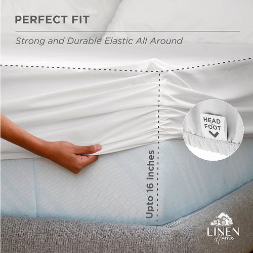 Linen Home 100% Cotton Percale Weave Fitted Sheet, King Size, White, 1 Deep Pocket Fitted Sheet, Fits Mattress Upto 16" Crisp and Cool Strong Bed Linen, 78"X80"+15"