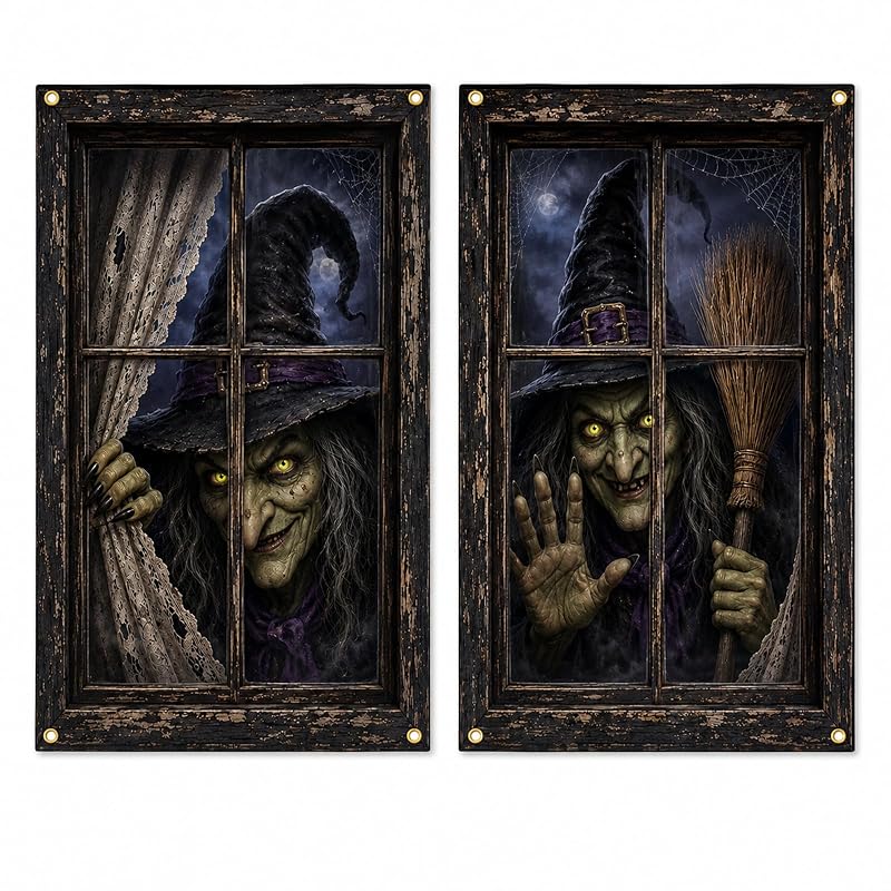 Halloween Window Covers 2 Pack - Creepy Witch Faces, 31.5 x 47.2 in - Variation D