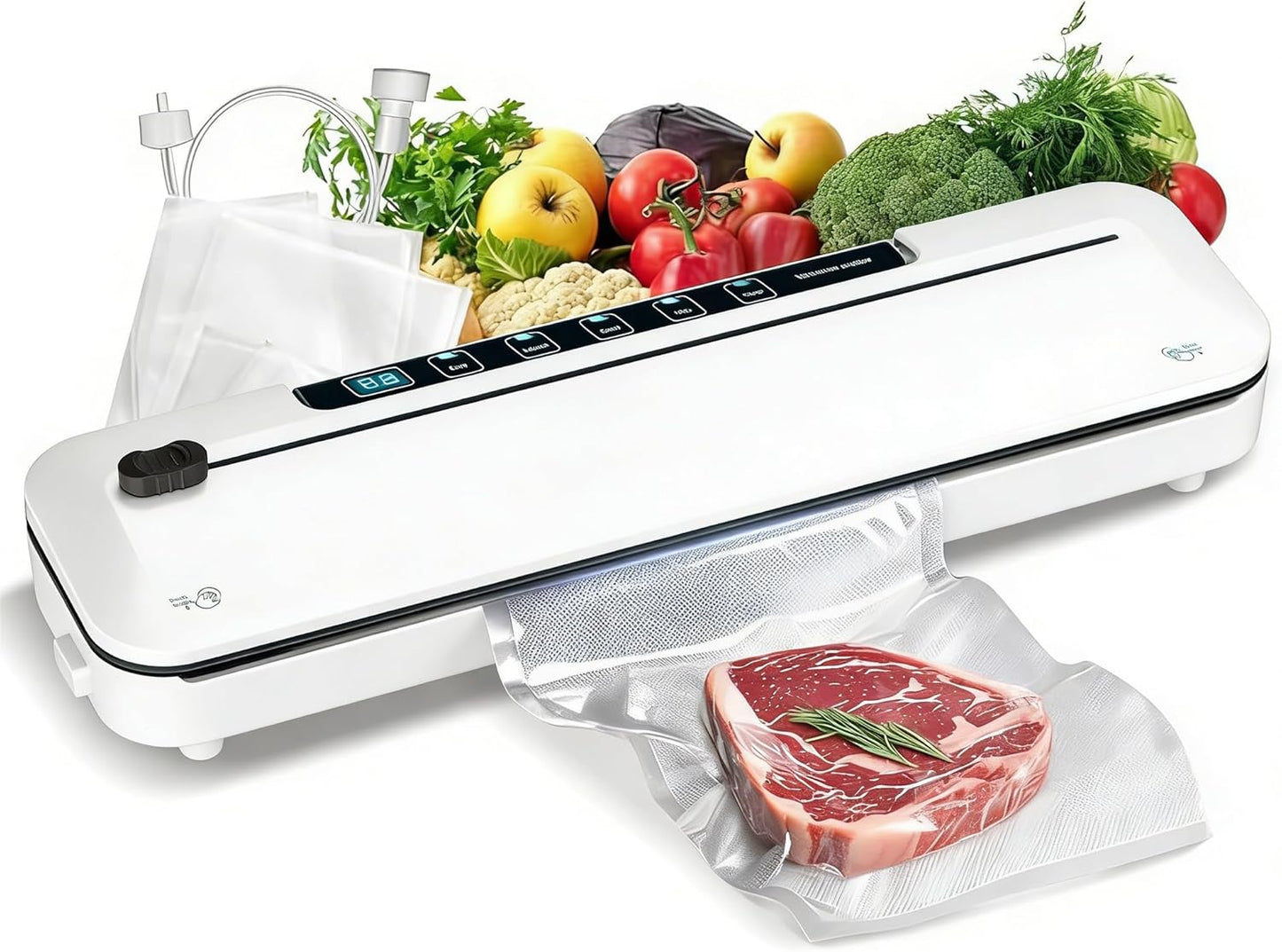 Vacuum Sealer Machine - 75KPa Food Preservation with 6-in-1 Modes & Digital Timer | Compact Design + 10 Bags (White)
