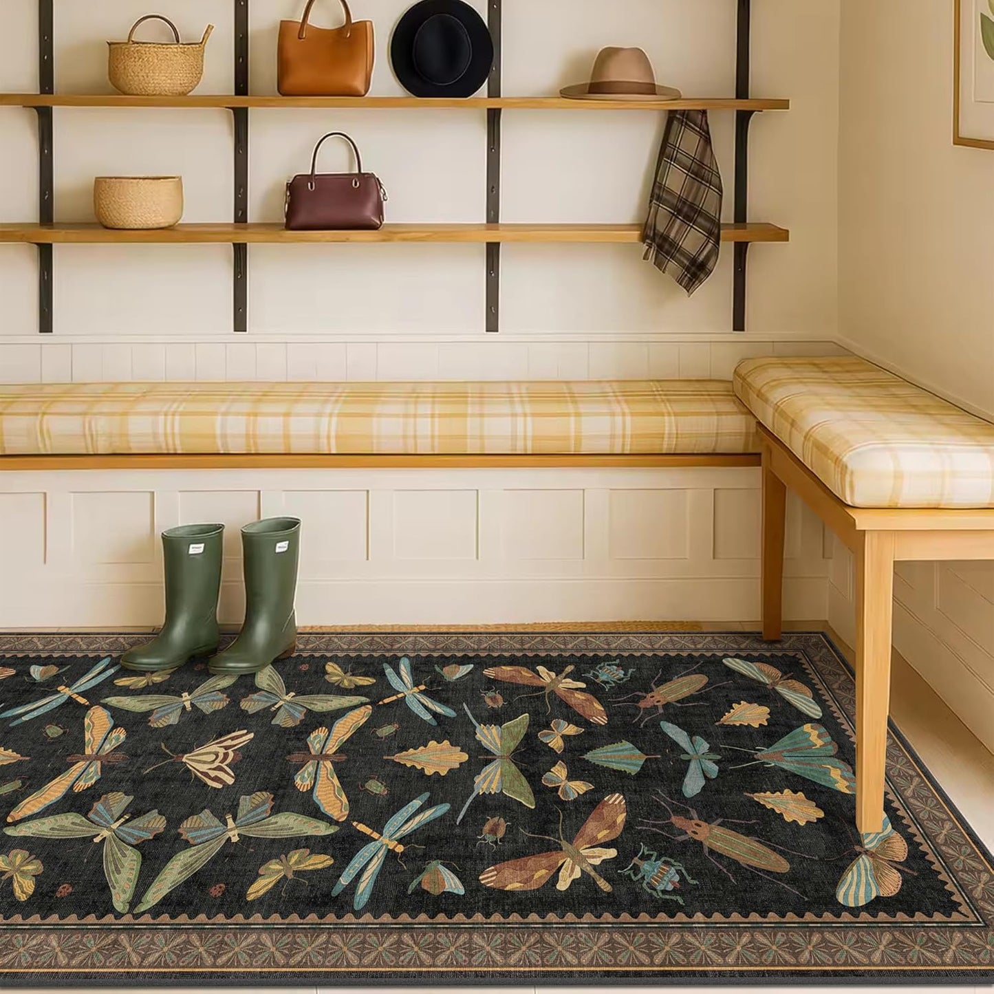 Nature Insect Fantasy | 2x6 Black Entryway Runner Rug - Washable, Non-Slip, Ultra Soft & Stain Resistant