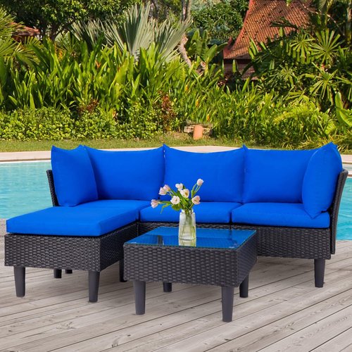 FDW Outdoor Sectional Sofa Set - 5 Pieces Wicker Rattan Conversation Furniture with Blue Cushions for Patio, Garden, Balcony