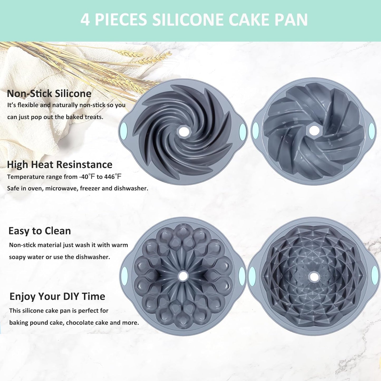 Tongjude Silicone Fluted Cake Pans - Non-Stick 4-Piece Set for Baking Cakes, Bread & Jello | 6/7/8 Cups, Grey