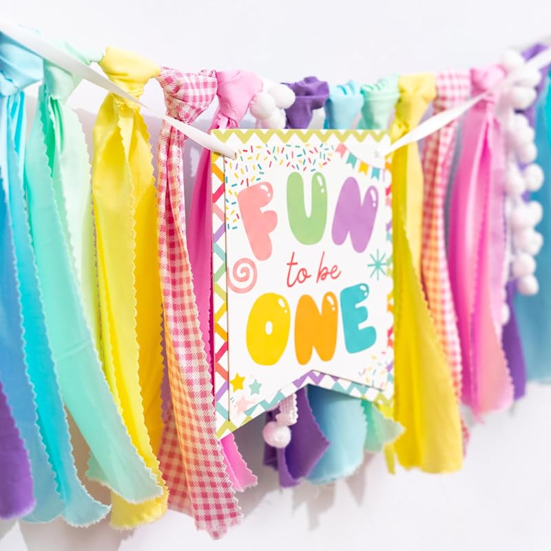 Fun to Be One High Chair Banner - Pre-Strung Pastel Fabric World Baby Party Décor