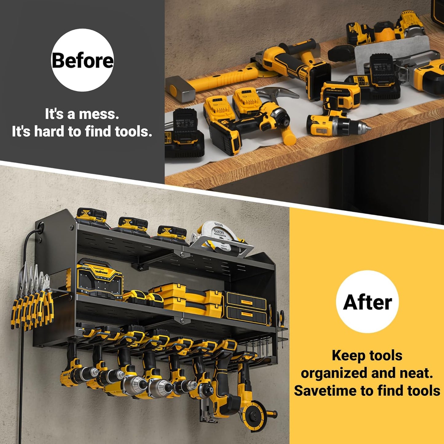YYR Power Tool Organizer - Wall-Mounted Charging Station for Cordless Drills & Batteries | Black Storage Rack