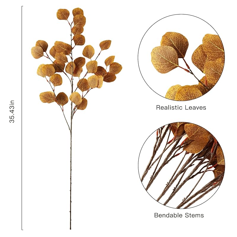 Fall Eucalyptus Leaves Stems – 6 Pcs Artificial Silk Silvery Dollar Leaves , Dark Yellow Variation