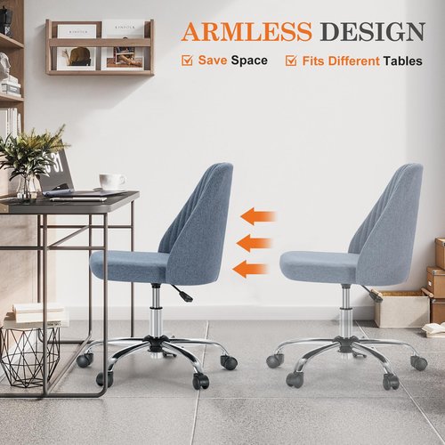 Home Office Desk Chair, Vanity Chair, Modern Adjustable Swivel Low Back Rolling Chair, Armless Fabric Desk Chairs with Wheels, Task Chairs Cute Desk Chair for Home, Bedrooms, Office, Make Up (Blue)