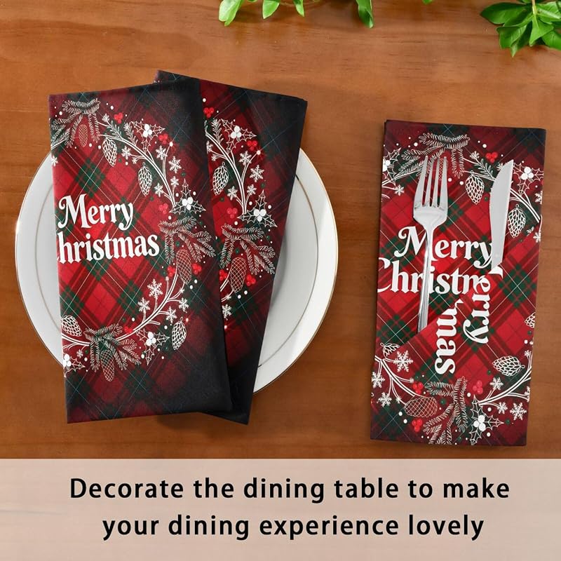 Christmas Monogram Wreath Plaid Cloth Napkins Set of 6, 20 x 20 in, Washable Polyester