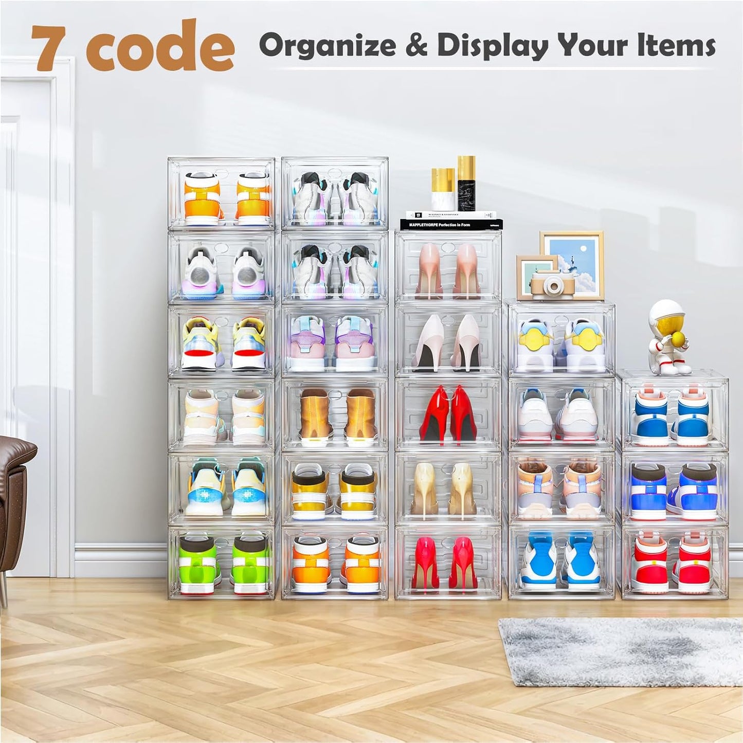 Skiennix Clear Shoe Storage Organizer - 12 Pack Stackable Plastic Boxes with Magnetic Door | Space-Saving White Design