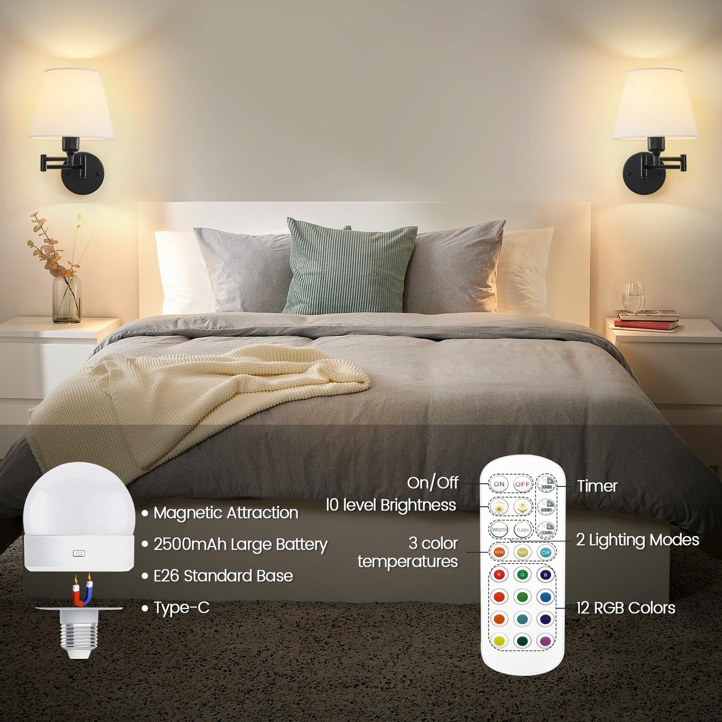 XMLHL Battery Operated Wall Sconce Set of 2, Wireless Rechargeable Wall Lights Sconce Set of Two, Adjustable Swing Arm Wall Lamps with Remotes Dimmable RGB Bulbs, Wall Decor for Home Bedroom (Brass)