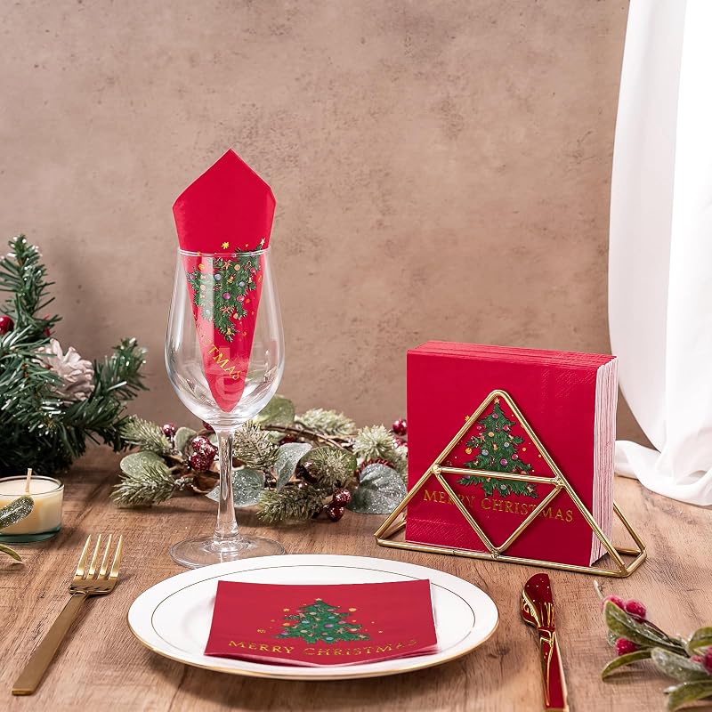 5 x 5 Inch 50-Count 3-Ply Christmas Tree Red Paper Napkins - Wrapped Pack