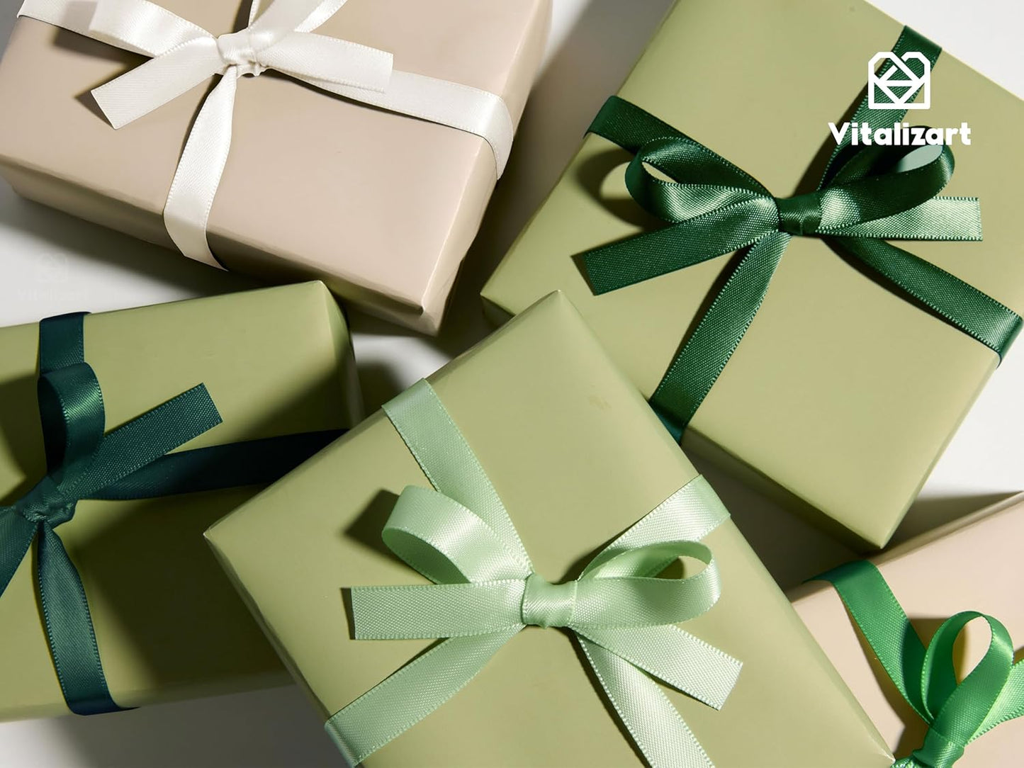 Vitalizart Satin Ribbon - Green & Cream Double-Faced Crafting Ribbon | 3/8" x 50 Yards for Gift Wrapping & Decorations