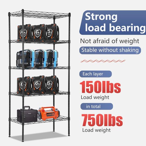 FDW Adjustable 5-Tier Metal Pantry Shelves - 22L x 12W x 48H, NSF Certified Storage Rack for Kitchen & Garage - Black
