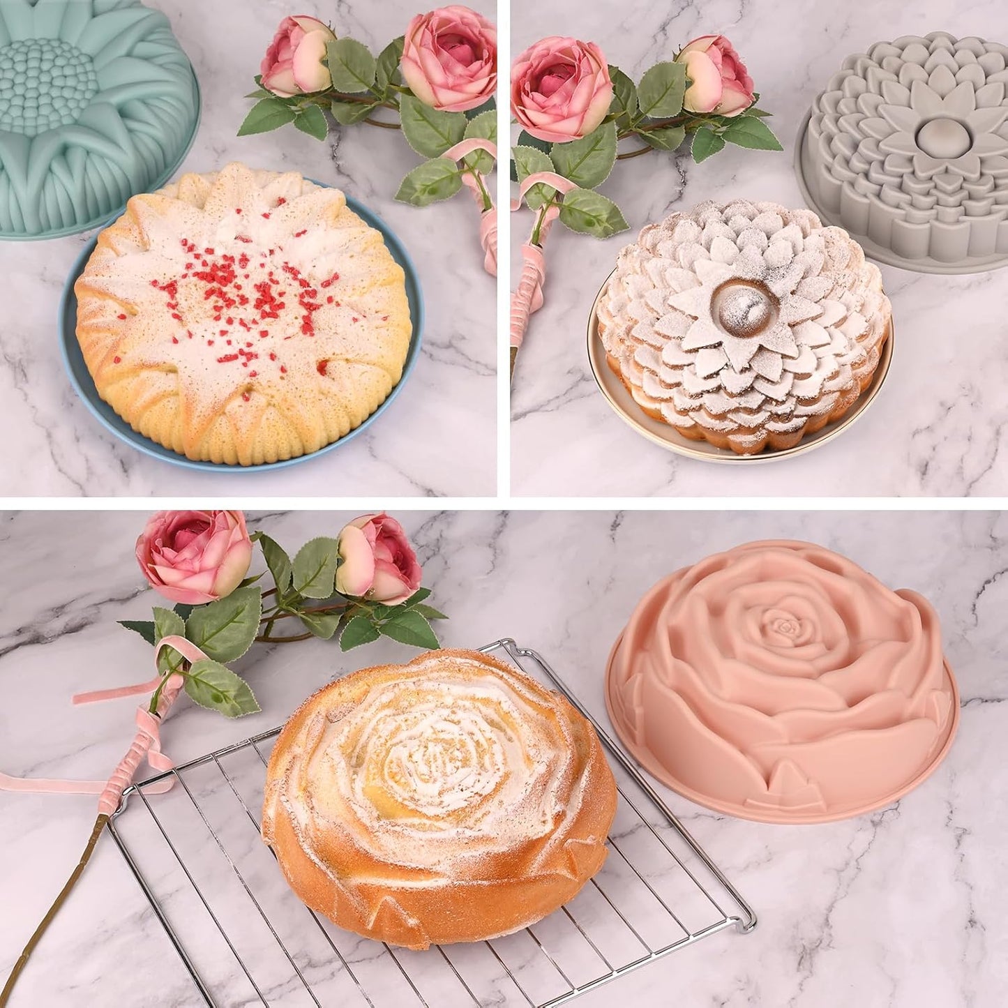 Sakolla Silicone Cake Molds - 3 Pack Flower Shape Baking Molds for Cakes, Breads & Pies | Large Size