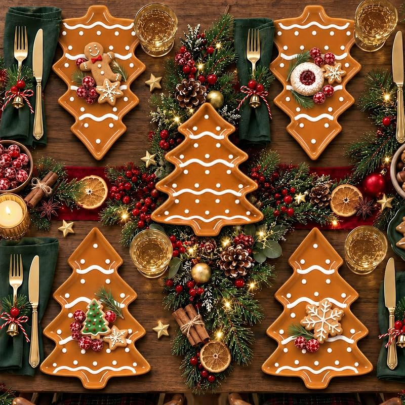 FillTouch 4 Pcs 5.9'' Christmas Gingerbread Tree Ceramic Plates - Brown