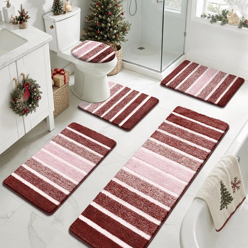 Christmas Bath Rug Set 5-Piece Non-Slip Red 18x26, 20x32, 20x48, U-Shape 20x24, Lid Cover 19x21