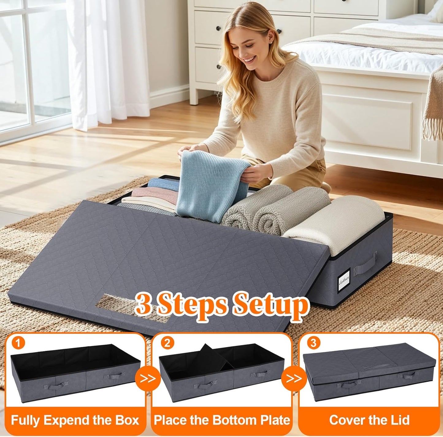 StoreHappily Under Bed Storage Containers - Foldable & Stackable Bags with Clear Window | 2 Pack (Grey)