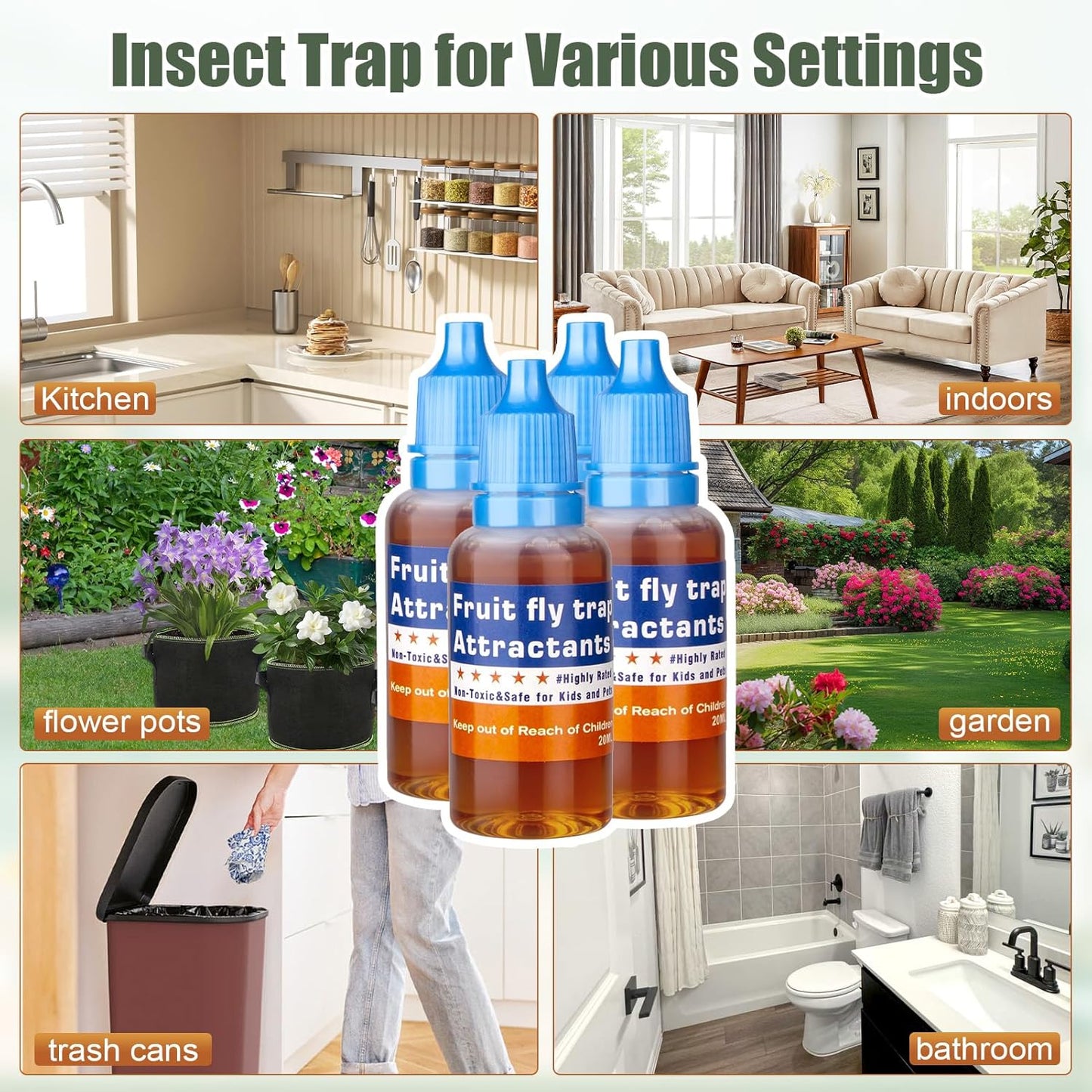 Skiennix Fruit Fly Trap Refill Liquid - Effective Gnat Killer Bait with Long-Lasting Fruit Scent (4 Pack)