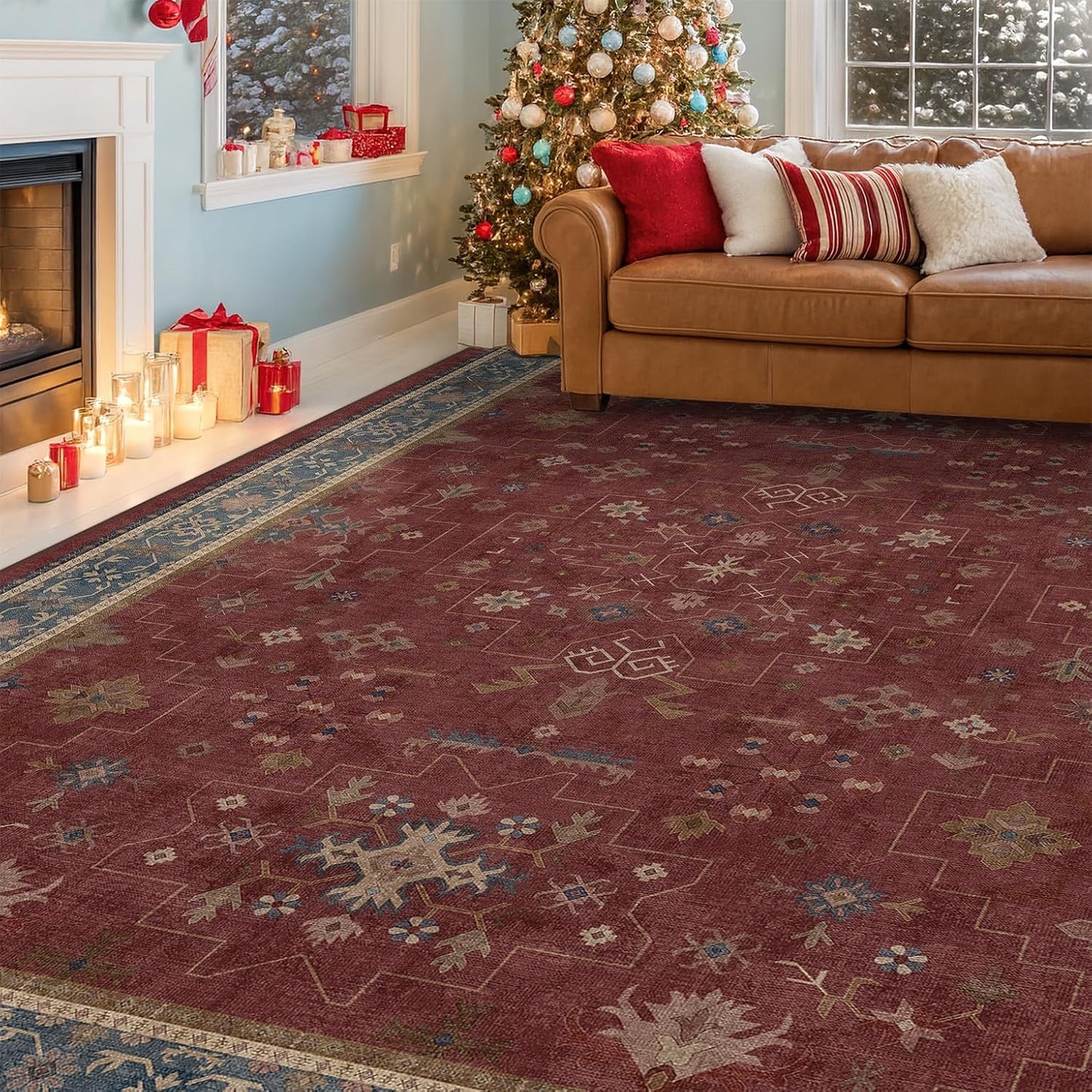 Vintage Burgundy Boho Dining Room Rug - Lightweight Washable 6x9 Low Pile Carpet | Southwestern Aesthetic
