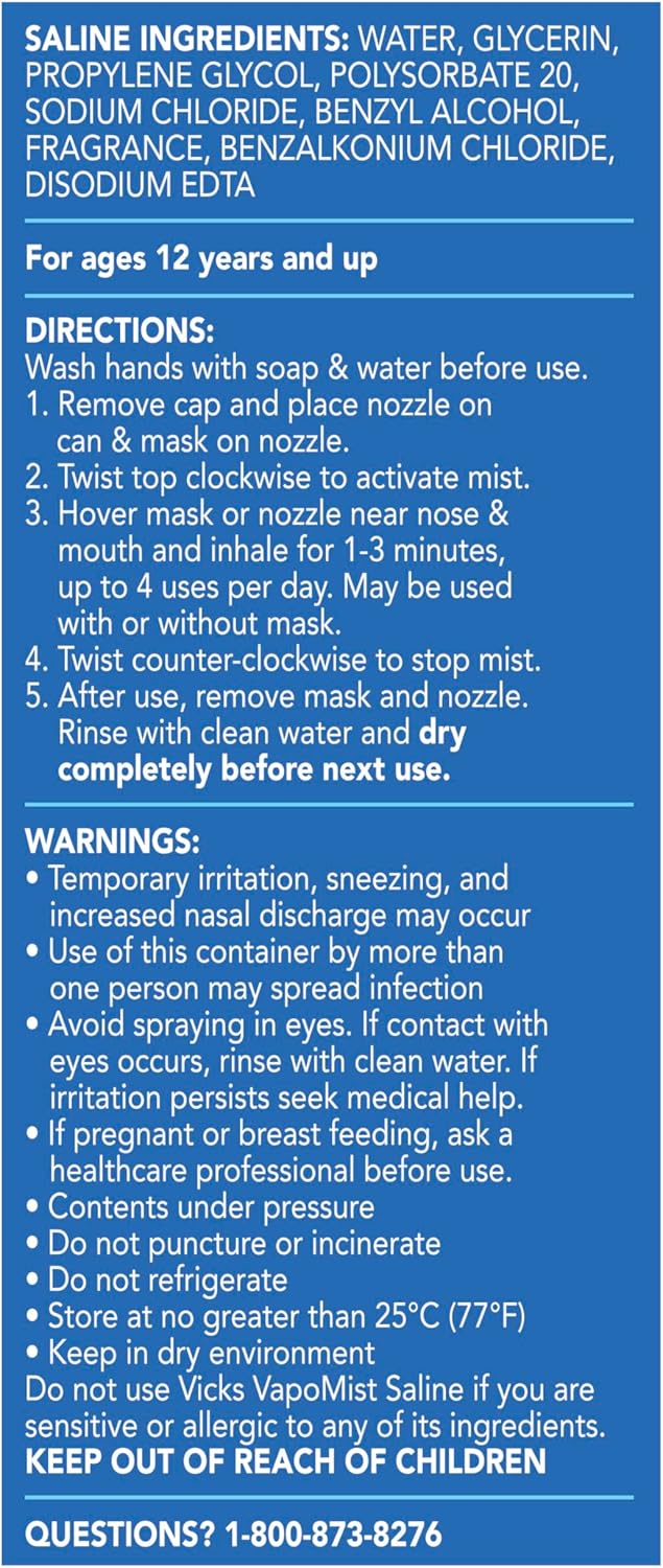 Vicks VapoMist Saline, Gentle Saline Mist with Soothing Vicks Vapors, Non- Medicated, 1.7 oz