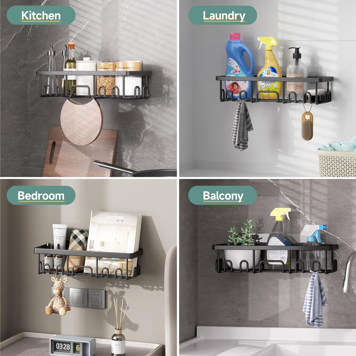 Veken Shower Caddy - Advanced Rustproof Design | No-Drill Adhesive Shelves & Soap Holder - Large Capacity, Black