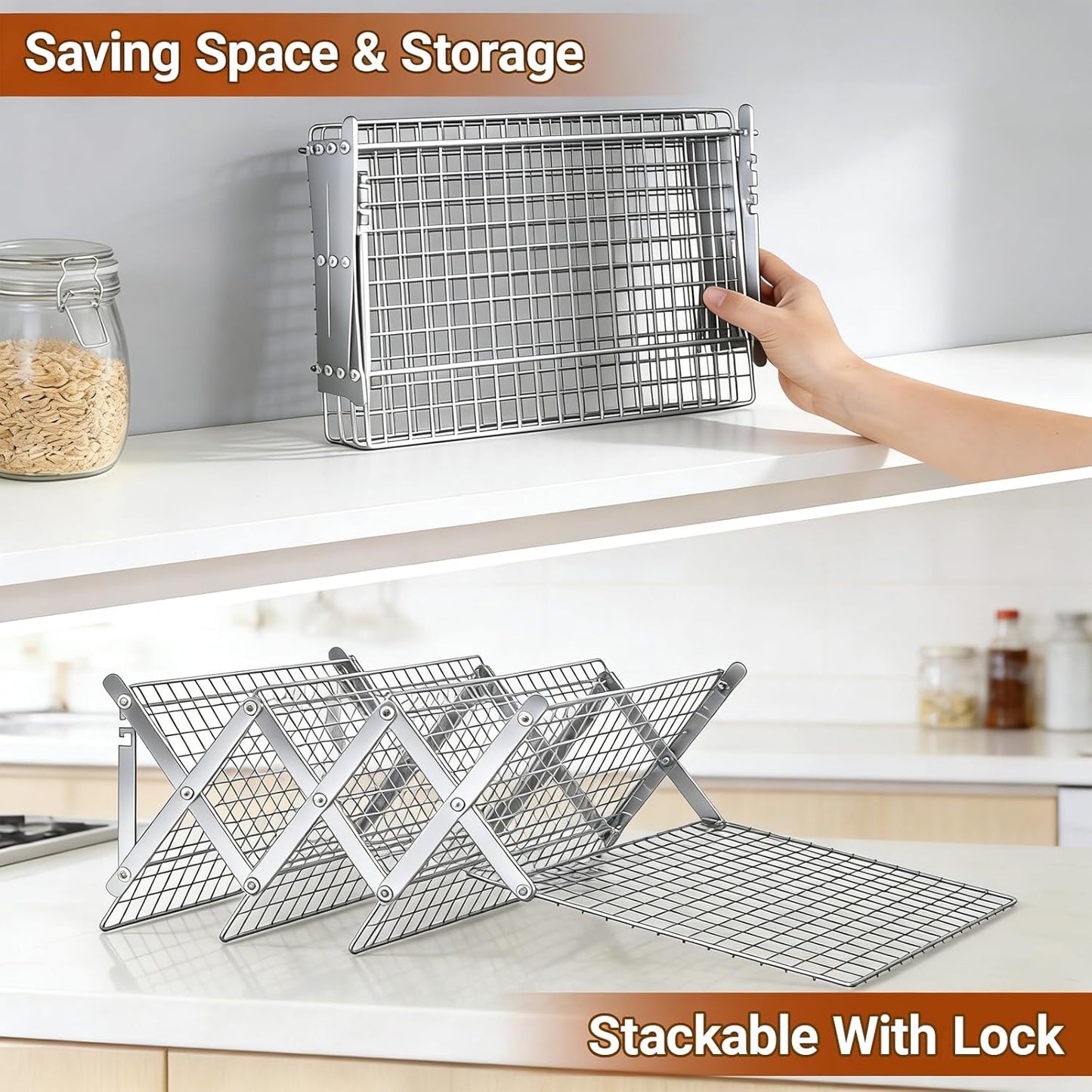 4 Tier Collapsible Cooling Rack - Adjustable Stainless Steel Baking Rack with Leak-Proof Mesh | Perfect for Cooking, Baking & Grilling