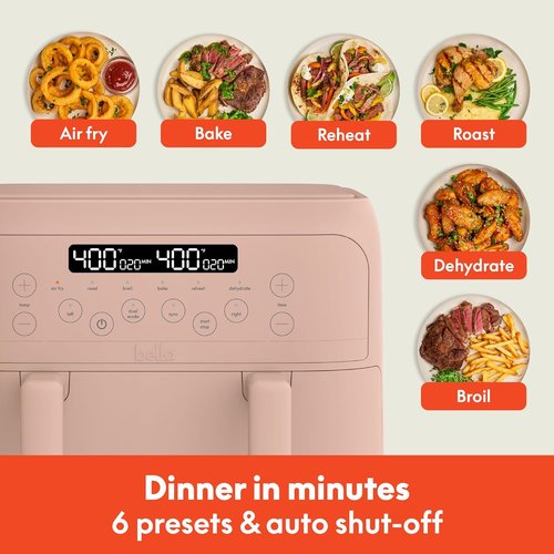 Bella 4 Qt TriZone Air Fryer - Dual Basket Design with Removable Divider & Digital Touchscreen | 1200 Watt, Blossom Color
