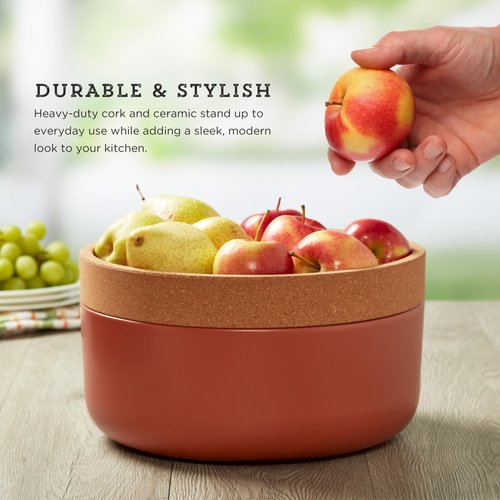 Kamenstein Breathable Lid, Nautral Cork and Terra Cotta Ceramic, Large Produce Bowl