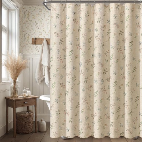 XOGUIBO Floral Farmhouse Vintage Linen Shower Curtain, French Country Spring Shower Curtains for Bathroom, 72Wx72H