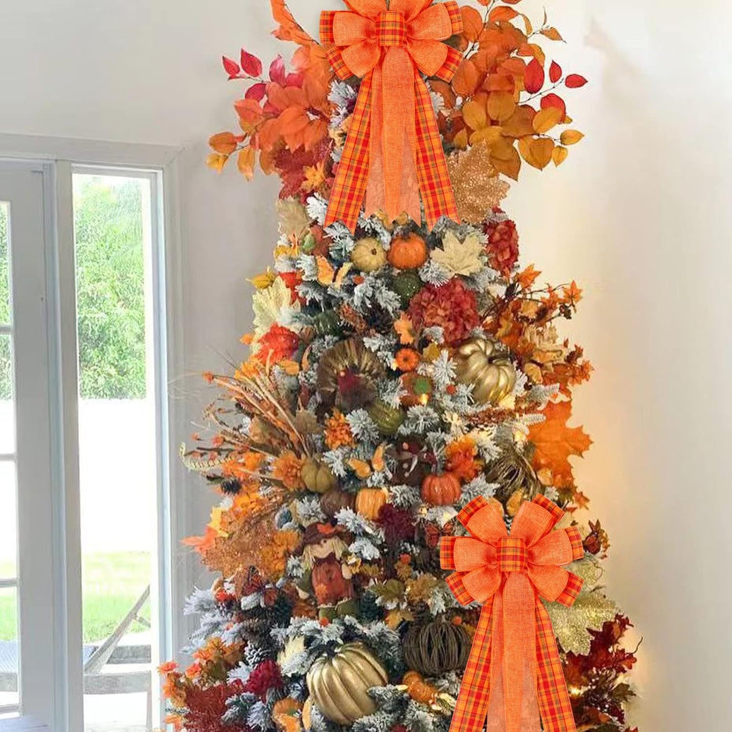 Skiennix Fall Bows - 2 Pack Halloween & Thanksgiving Wreath Decorations | Orange Buffalo Plaid Design