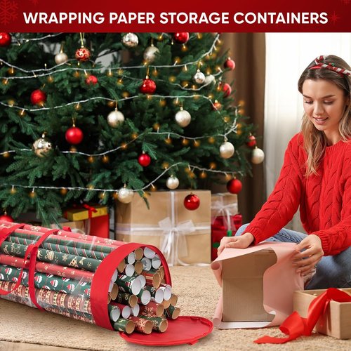 BALEINE Christmas Wrapping Paper Organizer - Durable 600D Oxford Fabric Storage for 18-25 Rolls | Clear PVC, Golden