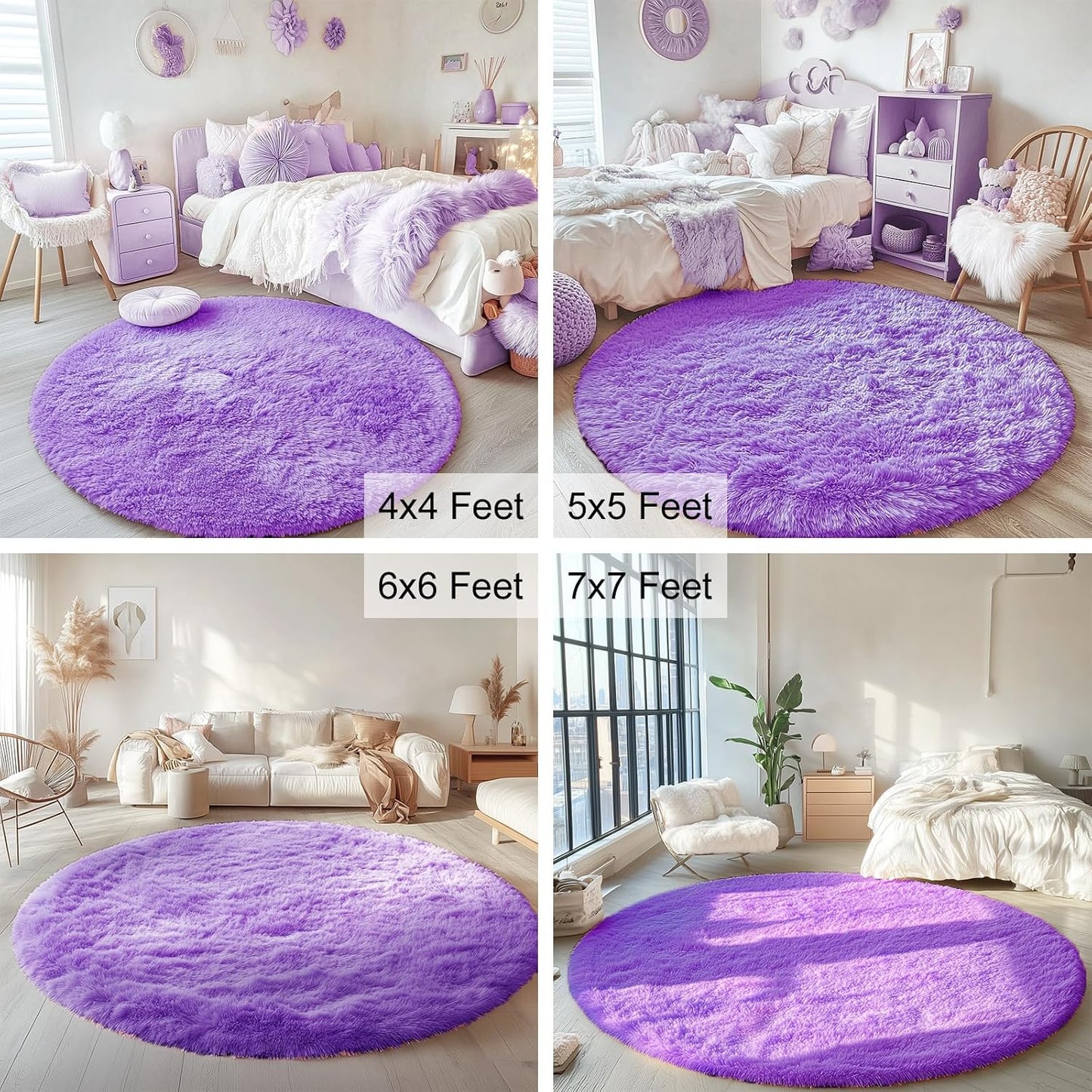 OLANLY Purple Round Area Rug - Soft, Fluffy, Machine Washable 6 ft Circle Carpet for Bedroom & Living Room