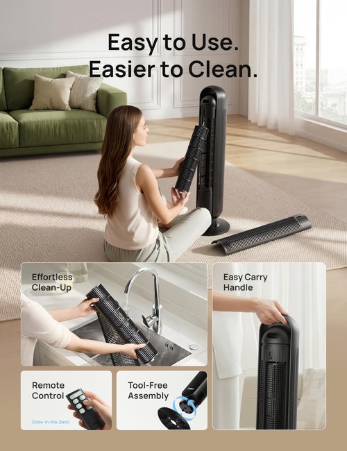 DREO Tower Fan for Bedroom, 2026 Upgraded DC Motor, 28ft/s High Velocity, 20dB Ultra Quiet Standing Fan, 8 Speeds 4 Modes, 90ยฐ Oscillating Bladeless Fan for Indoors, Floor Fans with Remote, Black