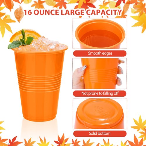 Kochorie 50 Pack Disposable Plastic Cups 16 Oz Solid Color Drinking Cups Party Supplies Strong and Sturdy Drinkware Cup For Birthday, Wedding, Thanksgiving, Fall & Daily Use, Orange