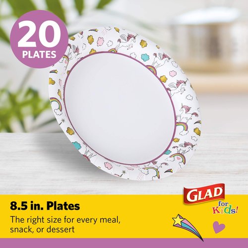 Glad for Kids Unicorn Theme Kids Plates, Heavy-Duty Round Disposable Paper Plates with Soak-Proof Coating, Microwave Safe for Snacks & Meals, Cute Unicorn Print, 8.5 Inch, 20 Count